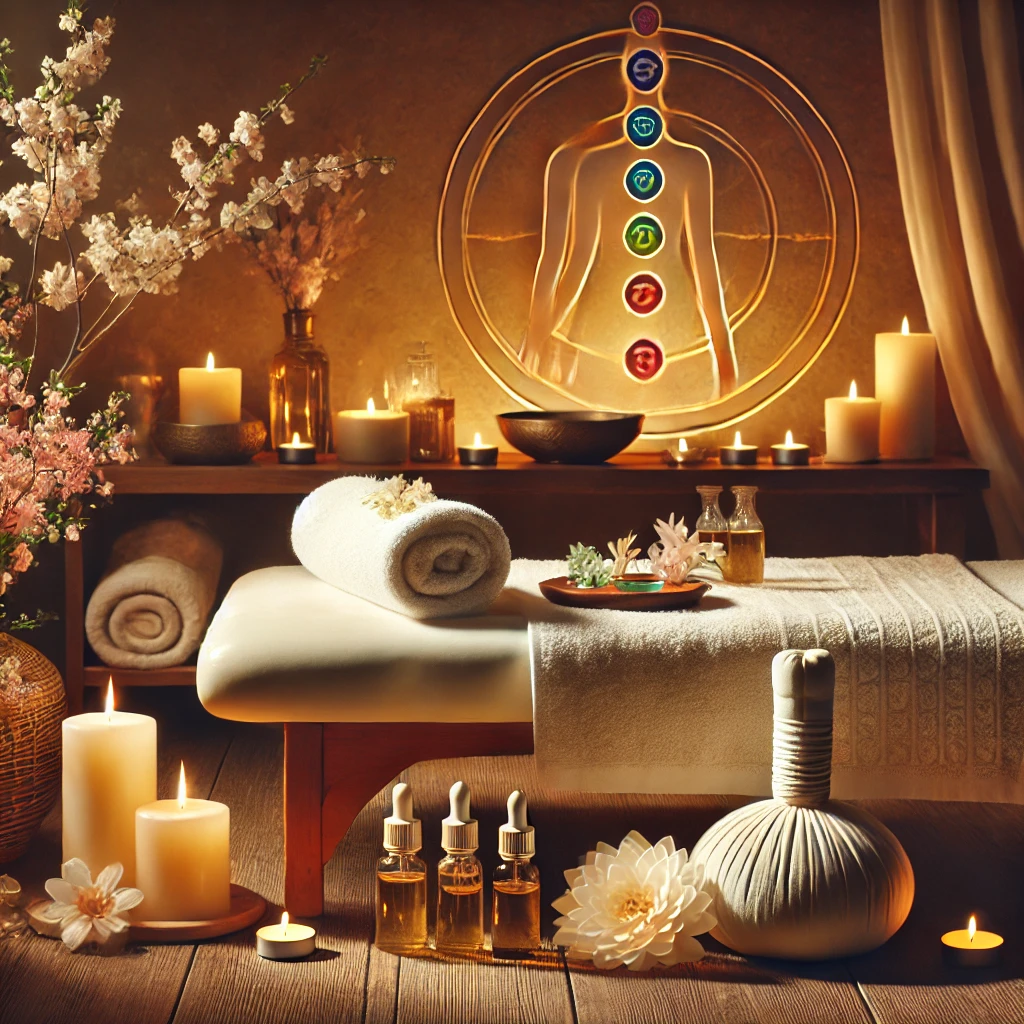 Un environnement de spa serein comprenant une installation de massage avec un éclairage doux et tamisé, une table de massage confortable ornée de serviettes blanches et d'huiles naturelles, une table de massage à l'italienne, une table de massage à l'italienne et une table de massage à l'italienne.