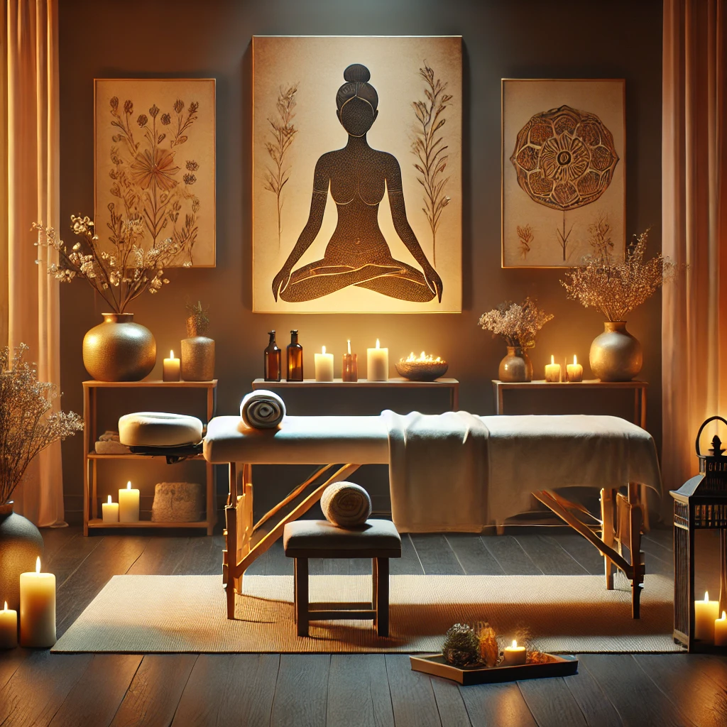 Un cadre intérieur serein décrivant une séance de massage mettant l'accent sur le tantra. La scène comprend un environnement calme et relaxant qui met en vedette un massothérapeute.